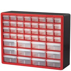 a red and black plastic storage box filled with lots of clear drawers on white background