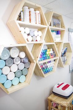 the shelves are filled with different types of crafting supplies