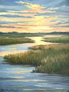 an oil painting of a marsh at sunset