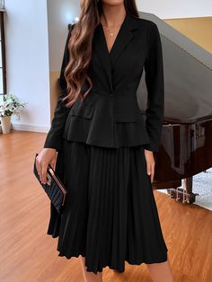 Black Elegant  Long Sleeve  Plain  Embellished Non-Stretch Spring/Fall Women Suits Luxury Workwear Dress With Voluminous Skirt, Cheap Elegant Flared Skirt, Luxury Elegant Flared Skirt, Luxury Elegant Sets With Flared Skirt, Luxury Semi-formal Flared Skirt, Cheap Pleated Skirt For Workwear In Fall, Luxury Elegant Black Pleated Dress, Luxury Classic Black Skirt, Cheap Elegant Pleated Skirt