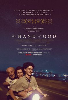 the hand of god movie poster with three people on a motorcycle in front of city lights