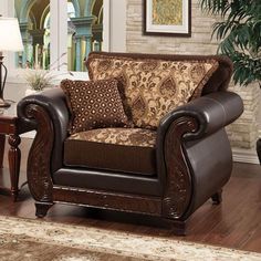 Franklin SM6106N-CH Chair By Furniture Of AmericaBy sofafair.com Manly Living Room Ideas, Brown Living Room Couch, Old World Living Room, Manly Living Room, Traditional Style Living Room, Brown Living Room Furniture, Old World Furniture, Patterned Armchair, Cozy Chair