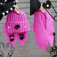 two photos of pink knitted mittens with black and white decorations on them, one in the shape of a monster