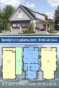 two story house plan with 3 beds, 1 bath, and 2 / 4 bedroom