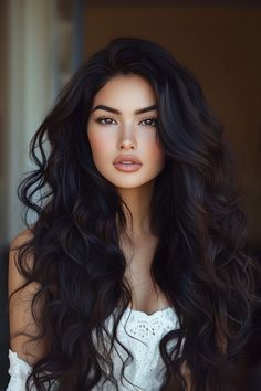 Long wavy hairstyles add effortless glamour and movement to your look. Soft, flowing waves create a romantic and chic vibe, perfect for any occasion. #LongWavyHair #EffortlessGlam #ChicHairstyles #RomanticWaves Thick Long Hair, Blonde With Blue Eyes, Black Hair Aesthetic, Red Hair Woman, Daily Hairstyles, Long Dark Hair, Dark Brown Hair Color, Slicked Back Hair, Chic Hairstyles