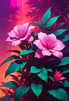 a painting of pink flowers and green leaves in front of a red, purple, and blue background