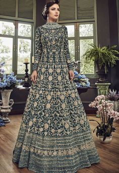 Blue Shade Net Embroidered Long Designer Anarkali Suit 5810C Party Wear Anarkali, Floor Length Anarkali, Stylish Gown, Butterfly Net, Long Anarkali, Designer Anarkali Suits, Frock Style, Blue Floor, Designer Anarkali