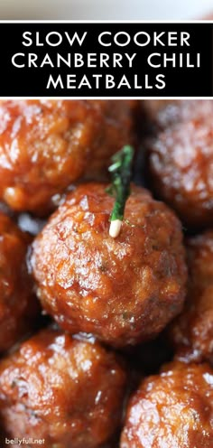 slow cooker cranberry chili meatballs on a plate with text overlay