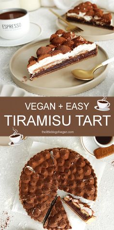 Chocolate tiramisu tart with cream Birthday Tarts Desserts, Vegan Puff Pastry Dessert, Vegan Italian Dessert, Christmas Vegan Desserts, Vegan Tart Recipes, Chocolate Coffee Ganache, Tiramisu Tart, Vegan Chocolate Tart, Homemade Ladyfingers