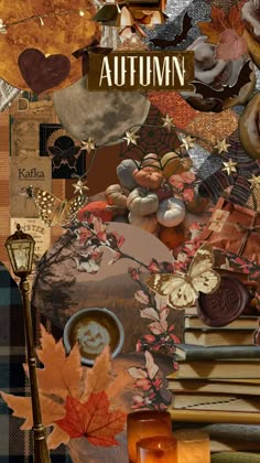 an autumn collage with books, candles and leaves on it's cover is featured in this image