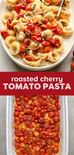 roasted cherry tomato pasta in a casserole dish