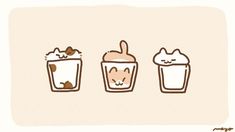 three cups with cats in them sitting next to each other