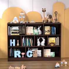 a bookshelf filled with lots of different types of toys