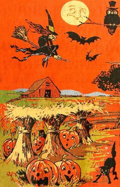 an image of halloween scene with pumpkins and witches flying over the farm at night