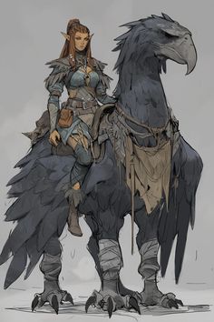 a woman riding on the back of a large bird next to a black raven statue