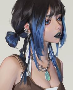 Braids Drawing, Mole Under Eye, Anime Blue Hair, Two Tone Hair, Two Toned Hair, Portrait Jewelry, Gradient Hair, Blue Drawings, Oc Manga