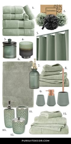 green bathroom decor and accessories with text overlay