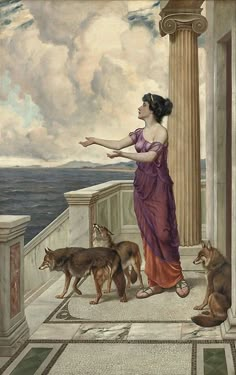 a painting of a woman standing on a balcony with her hands out to some dogs