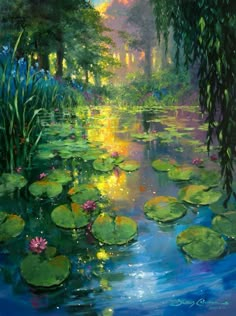 a painting of water lilies and trees