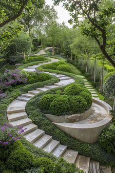 an outdoor garden with steps and plants on the sides, surrounded by trees and bushes