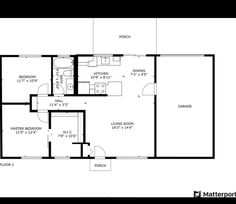 the floor plan for a two bedroom, one bathroom apartment with an attached kitchen and living room