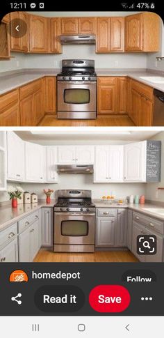 the before and after pictures of a kitchen remodel with stainless steel appliances, white cabinets, and wood floors