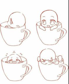 four drawings of coffee cups with faces in the middle and one on the other side