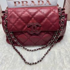 Chanel Burgundy Hampton Cc Double Stitch Flap Bag-17992802 *Comes With Black Chanel Dustbag* Preloved Great Condition! There May Be Some Imperfections. This Is A Listing Created For Posh Live Selling. Join Our Live Selling To Learn More Or Please Look At Pictures As Part Of Description And Ask Questions. Please Be Mindful That This Piece Has Led A Previous Life, And May Tell Its Story Through Minor Imperfection. Purchasing This Item Continues Its Narrative, So You Can Be Confident That You’re Ma Live Selling, Double Stitch, Be Mindful, Be Confident, Chanel Bags, Previous Life, Cc Logo, Flap Bag, Chain Link