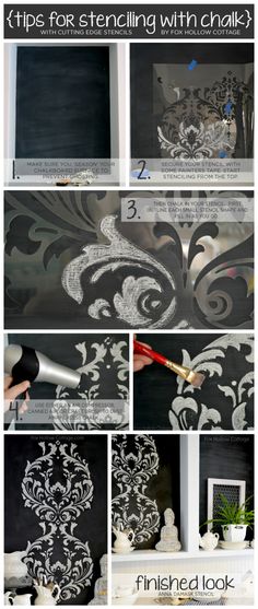 the steps to stencling with chalk paint are shown in this series of photos