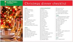 a christmas dinner checklist is shown with champagne glasses on the table and a tree in the background