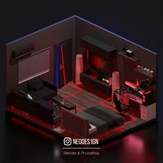 the room is lit up with red lights and has a bed, desk, television, couches, and other items