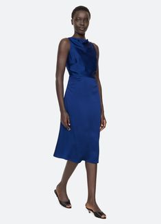 The Noa satin dress features a cowl neckline and ruched detailing in a vibrant cobalt blue colorway. Details: self-100% polyester lining-100% viscose invisible back zipper designed for a slimmer fit style #RS25-160 model is 5'10'' and wearing a size 4 Noa Dress, Cowl Dress, Flower Blouse, Sea New York, Cowl Neckline, Mid Dresses, Satin Dress, Fit Style, Kids Sleepwear