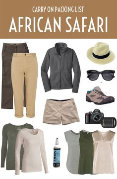 an african safari packing list with clothing and accessories