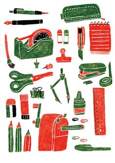 an image of various items that are drawn in pencil and colored on paper with marker pens