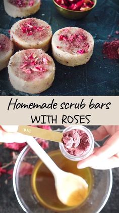 homemade scrub bars with roses in the middle and spoons full of rose petal