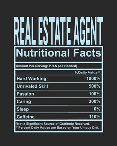 the nutritional label for real estate agent nutritional information on a black background with white lettering