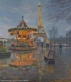 a painting of the eiffel tower in paris, france with people walking around