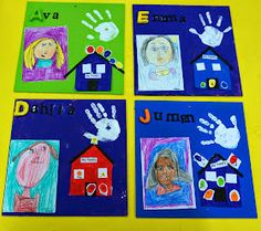 four children's handprints are displayed on the table