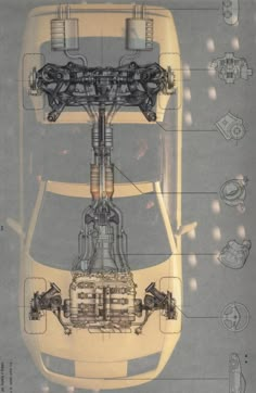 an overhead view of the engine and parts of a car's front wheel drivetrain