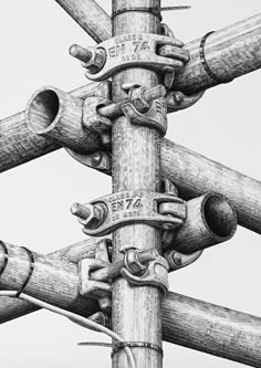 a pencil drawing of a bunch of pipes