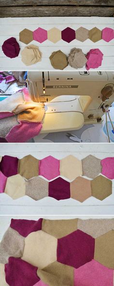 the sewing machine is being worked on with different colored fabrics and felts to make it look like hexagonal shapes