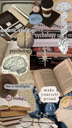 collage of books, glasses, and other items with words on them