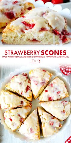 strawberry scones with butter and fresh strawberries, topped with lemon glaze