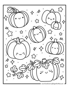 coloring sheet with a variety of kawaii pumpkin drawings to color, decorated with stars and flourishes Fall Worksheets For Kindergarten, Pumpkin Coloring Pages Free Printable, Halloween Ilustraciones, Autumn Coloring Pages For Kids, Pumpkin Coloring Sheet, Autumn Coloring Pages, Halloween Activity Sheets, Fall Coloring Sheets, Pumpkin Coloring