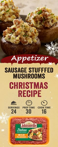 an advertisement for christmas dinner with stuffed mushrooms