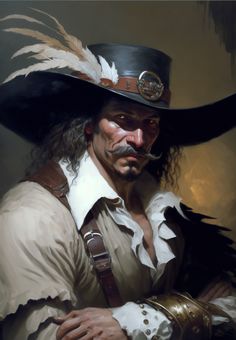 a painting of a man wearing a hat with feathers on it's brim