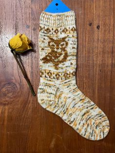 These two yarn, stranded knit, socks are so fun to make that I've already made two sets, one for my sister. Knit Socks Colorwork, Colorwork Socks, Owlet Sock, Colourwork Socks, Owl Socks, Orange Socks, Fall Crochet, Bamboo Socks, Owl Gifts