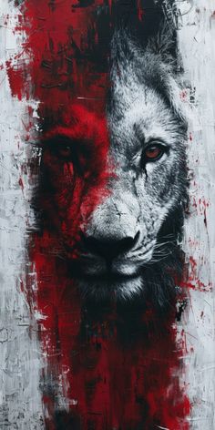 a painting of a lion's face with red and white paint splattered on it