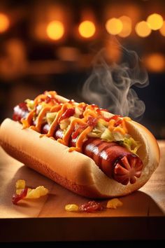 Delicious hotdog, sausage in bread close-up with smoke. Fast food. Menu stock image Hot Dog Pictures, Hotdogs Aesthetic, Fast Food Pictures, Fast Food Images, Food Marketing Ideas, Fast Background