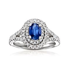 Ross-Simons - 1.00ct Sapphire Ring, .49ct t. w. Diamonds in 14kt White Gold. Size 8. Indulge in the beauty of this deep-blue sapphire statement. Our exceptional ring features a 1.00 carat oval sapphire wrapped in a fantastic double halo of .49 ct. t. w. round brilliant-cut diamond sparkle. Crafted in bright 14kt white gold and polished to perfection. 1/2" wide. Diamond and sapphire ring. Sapphire birthstones are the perfect gift for September birthdays. Diamond And Sapphire Ring, Sapphire Birthstone, September Birthday, Ring Sapphire, Double Halo, Oval Diamond, Round Brilliant Cut Diamond, Round Brilliant, Deep Blue